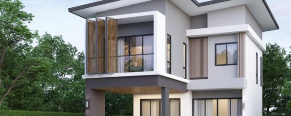 Modern,House,Exterior,Evening,View,With,Lawn,Grass.3d,Rendering